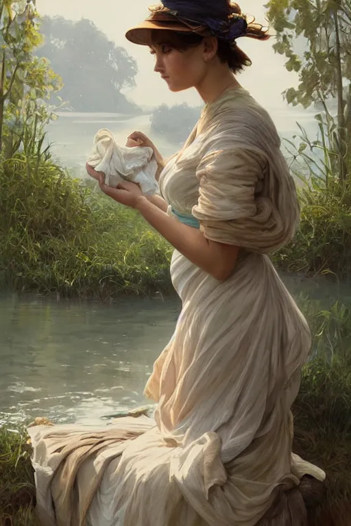 Image similar to rural pregnant woman doing laundry on river, portrait, elegant, intricate, digital painting, artstation, concept art, smooth, sharp focus, illustration, art by artgerm and greg rutkowski and alphonse mucha