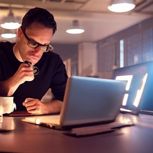 Image similar to A programmer expertly wrangling code late at night, intensely focused, coffee on his desk, highly detailed, sharp focus, cinematic lighting, dramatic still from Mr Robot