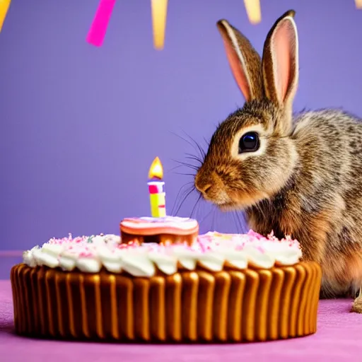 Image similar to photo of baby rabbit eating birthday cake, cinematic, 4 k, highly detailed, strong bokeh