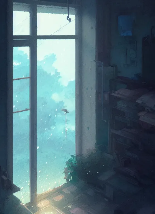 Image similar to interior, near the window, rainy outside, illustration concept art anime key visual trending pixiv fanbox by wlop and greg rutkowski and makoto shinkai and studio ghibli