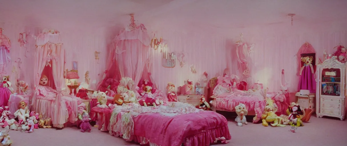 Image similar to movie still 4 k uhd 3 5 mm film color photograph of an princess room full of toys and dolls