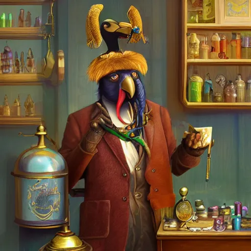 Image similar to Anthropomorphized parrot trader in his shop, selling his wares, portrait, items, gold, magic potions, carpet, window, fancy hat, sly expression , cunning expression, cute expression, long thick shiny gold beak, presenting wares, holding an item, D&D, fantasy, cinematic lighting, highly detailed, digital painting, artstation, concept art, smooth, sharp focus, illustration, warm light, cozy warm tint, magic the gathering artwork, volumetric lighting, 8k, art by Akihiko Yoshida, Greg Rutkowski