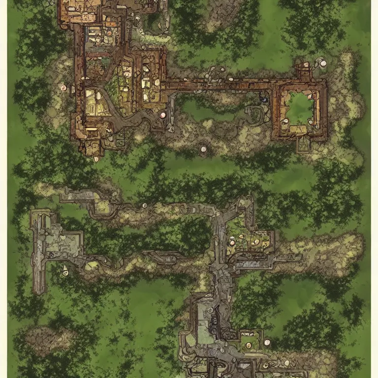 Image similar to full - color fantasy floor plan battle map of a woodland clearing, d & d, pathfinder, by jeff todd and greg rutkowski, trending on artstation, pinterest