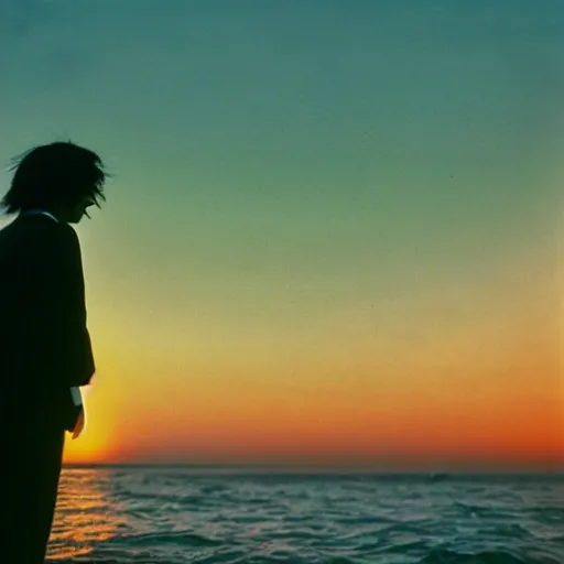 Prompt: japanese man with long hair wearing a beige suit and black pants standing in the ocean, looking at the camera, sunset, night, wide shot, ((tatsuro yamashita)), album cover, 1981, grammy award winning