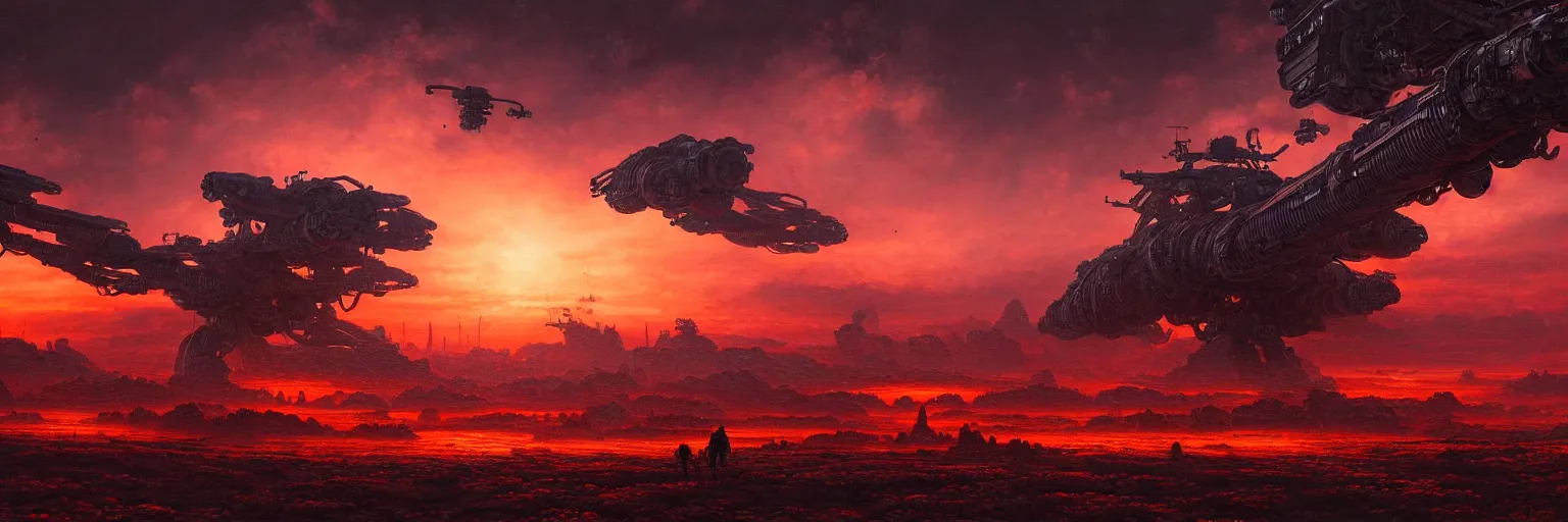 Image similar to ultra realist intricate detailed landscape painting of an alien world, red sky with mech buildings and cyborg tech, symmetry accurate features, very intricate details, bokeh focus, 8 k render, artstyle geoff taylor, award winning