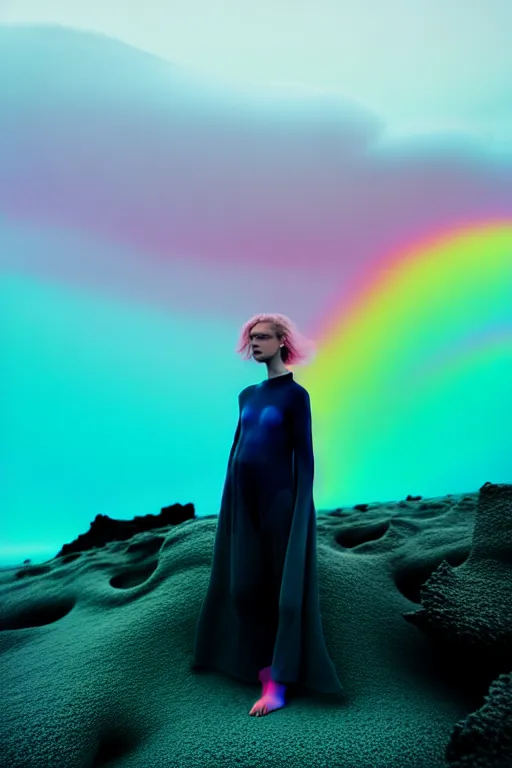 Image similar to high quality pastel coloured film close up wide angle photograph of a model wearing clothing swimming on cloud furniture in a icelandic black rock!! environment in a partially haze filled dreamstate world. three point light, rainbow. photographic production. art directed. pastel colours. volumetric clouds. pastel gradient overlay. waves glitch artefacts. extreme facial clarity. 8 k. filmic.