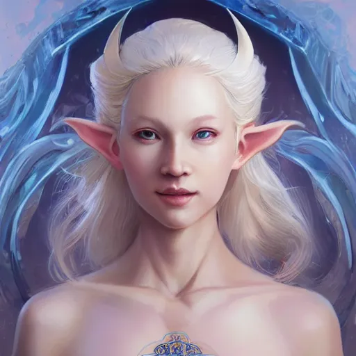 Image similar to A masterpiece portrait of a A albino gorgeous Asian elvish blonde girl with huge Diamond in her forehead. Goddess of North. trending on artstation, digital art, by Stanley Artgerm Lau, WLOP, Rossdraws, James Jean, Andrei Riabovitchev, Marc Simonetti, Yoshitaka Amano