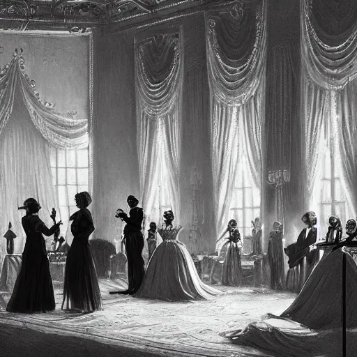 Prompt: a beautiful woman is singing in front of a crowd, opulent anglocore ballroom with tall ceilings and tall windows, French provincial furniture, a beautiful tall princess is singing, a beautiful woman singing, musicians playing instruments, Men in tuxedos, Volumetric light rays, fancy drapery on furniture, palace, victorian, by Greg Rutkowski
