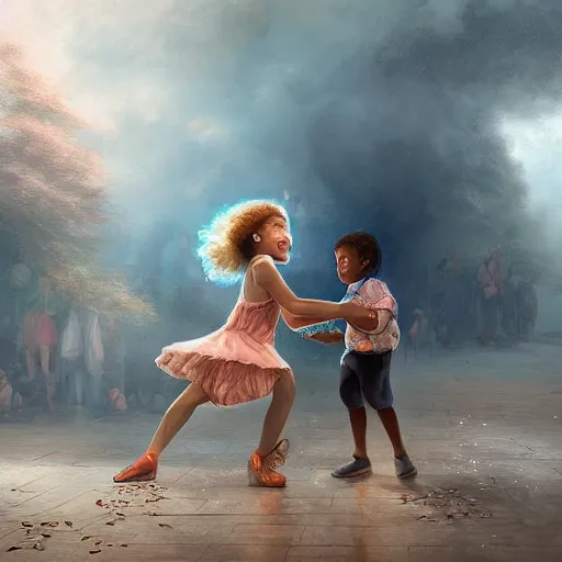 Prompt: Michal jackson dancing with a little kid in heaven, cinematic, beautiful digital painting, hyper detailed