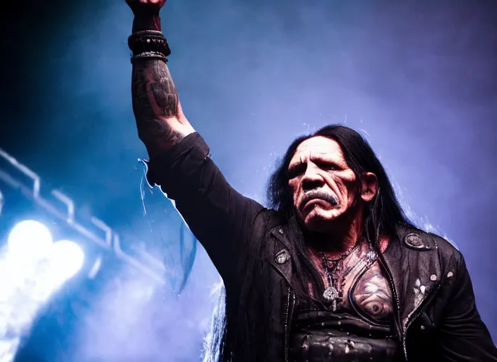 Image similar to publicity photo still of danny trejo in cradle of filth playing live on stage, 8 k, live concert lighting, mid shot