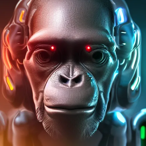 Prompt: a cyborg monkey, sci-fi, cyborg, close-up, cybernetic implant, neon, cyberpunk, center frame portrait, 8k, concept art, portrait, matte-painting