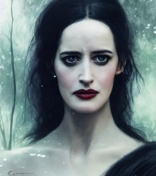 Prompt: 5 5 mm close up portrait photo of eva green as yennefer of vengerberg in black leather armor and long black fluff hair, in a forest. magical atmosphere. art by greg rutkowski. lifelike. very detailed 8 k. intricate. soft light. nikon d 8 5 0.