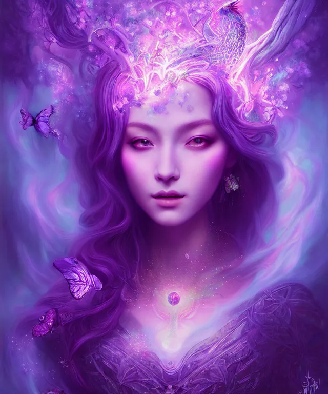 Image similar to ultra detailed, magical realism, portrait painting, of the beautiful empress within the enchanted purple forest, glowing purple, volumetric lighting, illusion, intricate details, by ross tran.