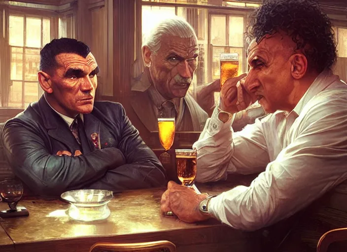 Prompt: vinnie jones and ghandhi and einstein in a pub, real life skin, intricate, elegant, highly detailed, artstation, concept art, smooth, sharp focus, art by artgerm and greg rutkowski and alphonse mucha