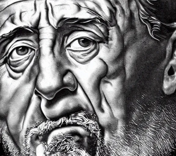 Prompt: a hyper-detailed photograph of Robert DeNiro by Michelangelo in the style of his masterpiece Creation of Man; anatomically correct; trending on artstation