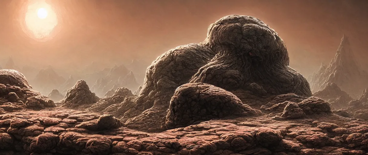 Prompt: detailed hyper realistic alien intelligent crab covered with rock skin which looks deeply unnerving, menacing alien living rock, floating island on a barren exoplanet, beautiful dramatic moody lighting, cinematic atmosphere, by Jean Giraud, Alex Grey, Zdzislaw Beksiński, Dan Mumford, Patiphan Sottiwilaiphong, Yintion J - Jiang Geping