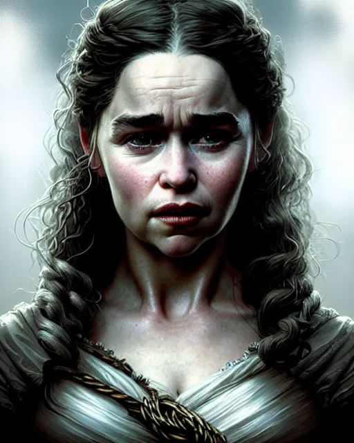 Image similar to emilia clarke pretty, character portrait, portrait, close up, concept art, intricate details, highly detailed by greg rutkowski, michael whelan and gustave dore