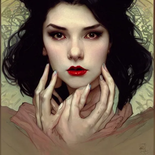 Prompt: portrait of a very very beautiful vampire by Stanley Artgerm Lau , greg rutkowski, thomas kindkade, alphonse mucha, loish, norman rockwell, J. C. Leyendecker. dark black hair, pale skin, detailed eyes, red lips, backlit hair. Trending on artstation rule of thirds extremely detailed illustration hd 4k