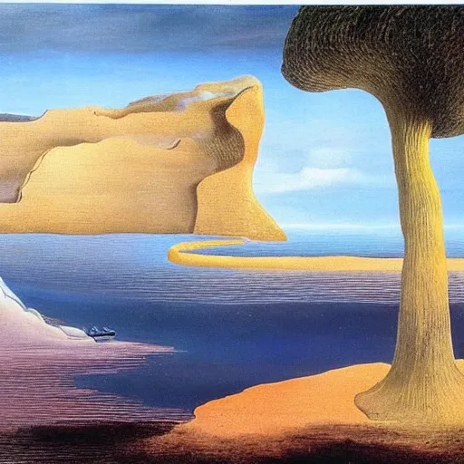 Prompt: A beautiful landscape painted by Salvador Dali, Salvador Dali art collection, Gallery of Surrealism, Oil on Canvas, Salvador Dalí works