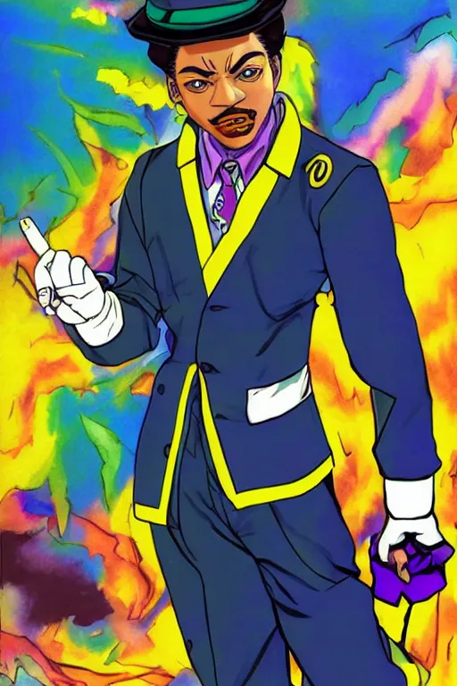 Image similar to Martin Luther King as Jotaro Kujo JoJo from JoJo\'s Bizarre Adventure, anime drawing by Hirohiko Araki, vivid colors, colorful fashion