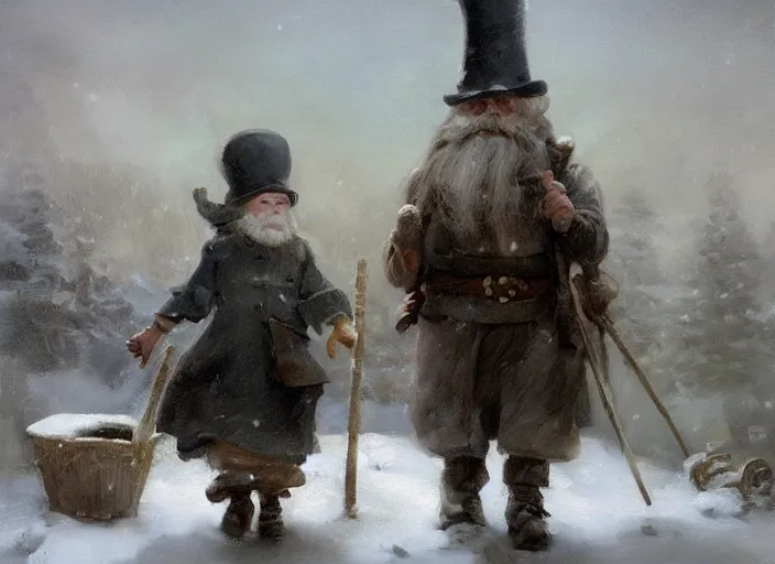 Image similar to oil painting, snow blizzard, nordic gnome, dwarf, small with gray clothes, pointy top hat, barn environment, hay and wooden tools, high detailed art by anders zorn, wonderful masterpiece by greg rutkowski, beautiful cinematic light, american romanticism by greg manchess, creation by tyler edlin