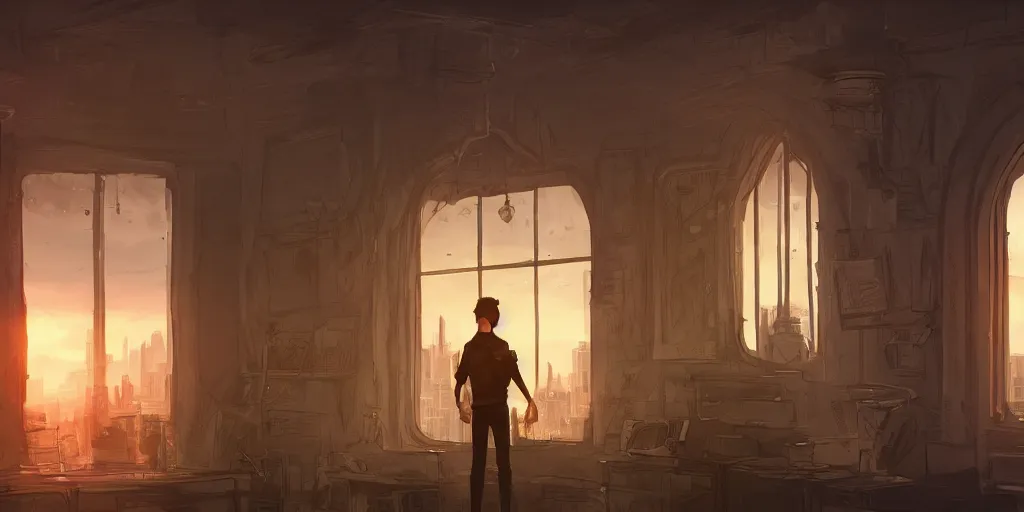 Prompt: an environmental concept art of arcane, interior, character standing with back to camera looking out window at a beautiful city, sunset, highly detailed, environmental light, cinematic by francis tneh