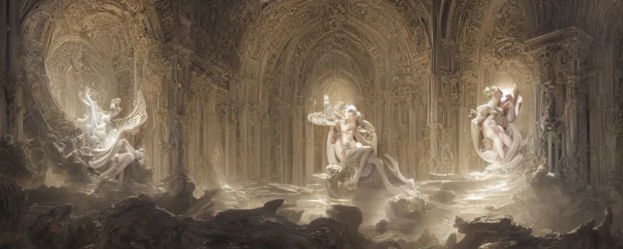 Prompt: a luminous fairytale of an iridescent dragon playing the harp in a baroque white marble cathedral. Neon light, masterpiece 4k digital illustration by Ruan Jia and Mandy Jurgens and Artgerm and William-Adolphe Bouguereau, award winning, Artstation, Gustave Dore' background, intricate details, realistic, panoramic view, volumetric lighting, Hyperdetailed, 8k resolution, intricate art nouveau, rendered in Unreal Engine 3