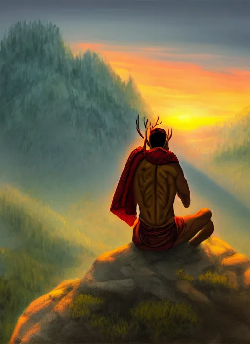 Prompt: an shaman sitting at the top of a cliff, looking down at the valley, doing a vision quest, beautiful sunset, dnd art