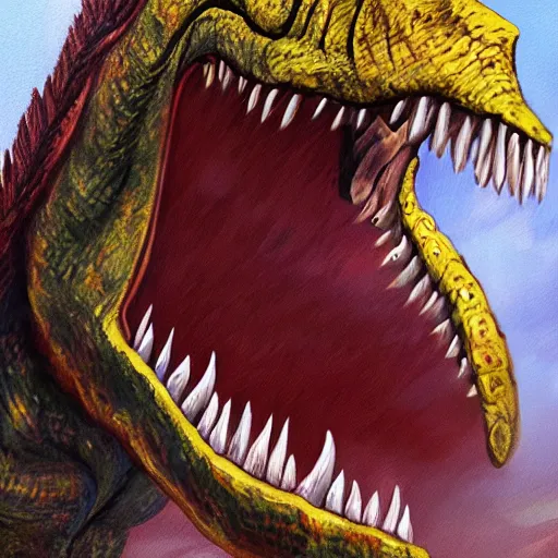 Image similar to a highly detailed painting of the fearsome human dinosaur hybrid the DonaldTrump-asaurus Rex