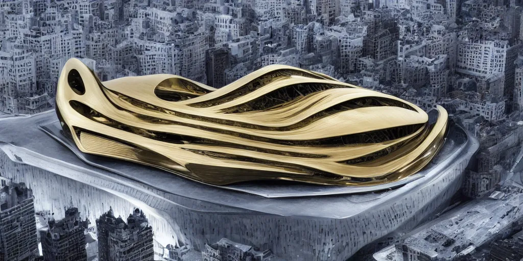 Prompt: knitting gold zaha hadid architecture by giger alien