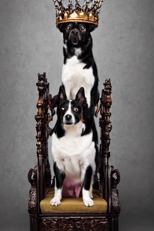 Image similar to a dog sitting on a throne with a crown on its head, professional photography