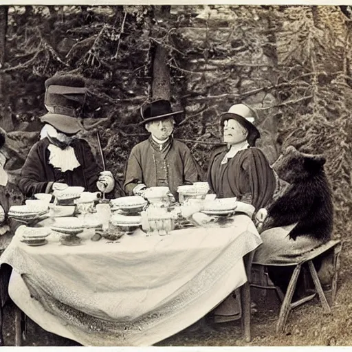 Image similar to “ grizzly bear tea party, 1 9 0 0 ’ s photo ”