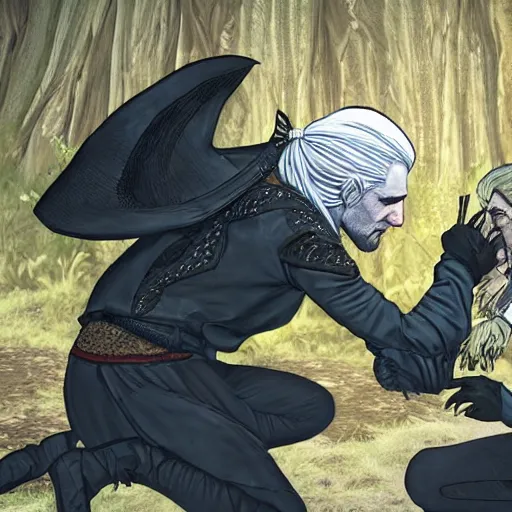 Prompt: A witch sucks out magic out of Geralt who is on his knees, photorealistic