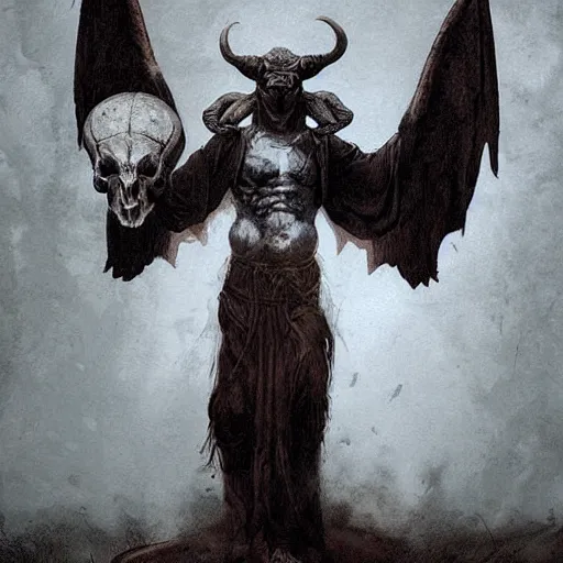 Image similar to baphomet with goat horns holding an animal skull, style of da vinci, horror, fantasy illustration, by greg rutkowski