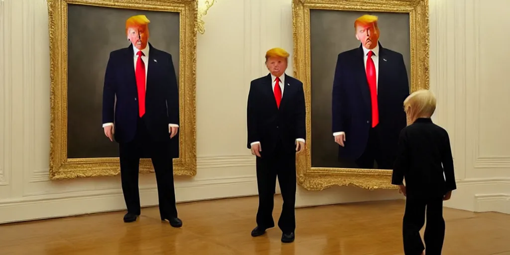 Image similar to character art by ruan jia, young donald trump paints a portrait of himself older at mar - a - lago