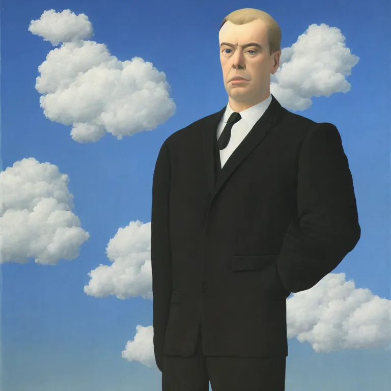 Image similar to portrait of a man made out of clouds in a suit, by rene magritte, detailed painting, hd, hq, high resolution, high detail, 4 k, 8 k