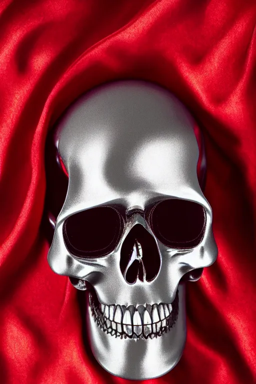 Image similar to chrome cyclops skull statue layed on a red silk fabric, by hedi xandt and antonio corradini, macabre art, dark surrealism, epic and cinematic view, volummetric light, texturized, detailed, 8 k