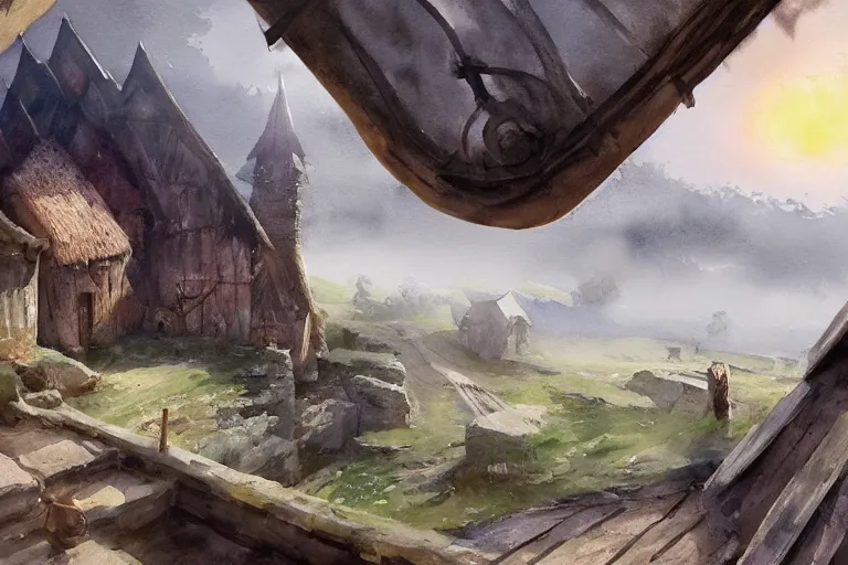 Prompt: paint brush strokes, abstract watercolor painting of rustic village fortress, interior closeup, medieval straw roof, scandinavian viking age, fog, ambient lighting, art by hans dahl, by jesper ejsing, art by anders zorn, wonderful masterpiece by greg rutkowski, cinematic light, american romanticism by greg manchess, creation by tyler edlin