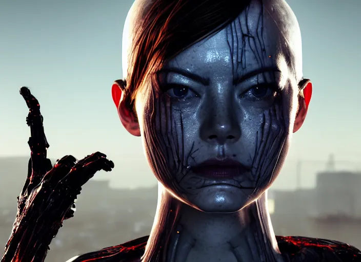 Image similar to mid shot portrait of a emma stone ninja with transparent skin, visible muscle and bones and veins and nerves, david cronenberg, hyperrealism, detailed textures, photorealistic 3 d cyberpunk apocalyptic city, futuristic clothing and helmet, ultra realistic, cinematic, intricate, cinematic light, unreal engine 8 k, octane render, unreal engine by david kostic and stanley lau and artgerm