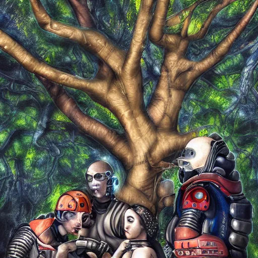 Prompt: hyperdetailed cyborgs under a big tree, eating interesting elaborate fruits. in the style of Caravaggio, with liberty cyberpunk and flemish baroque mixed media details. natural pastel tones. matte background HD 8x