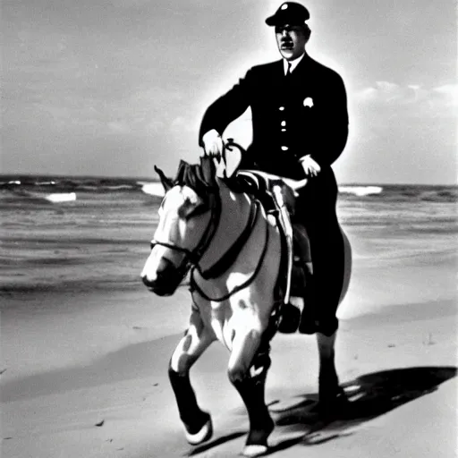 Image similar to adolf hitler riding winnie the pooh pickyback on the beach, high resolution