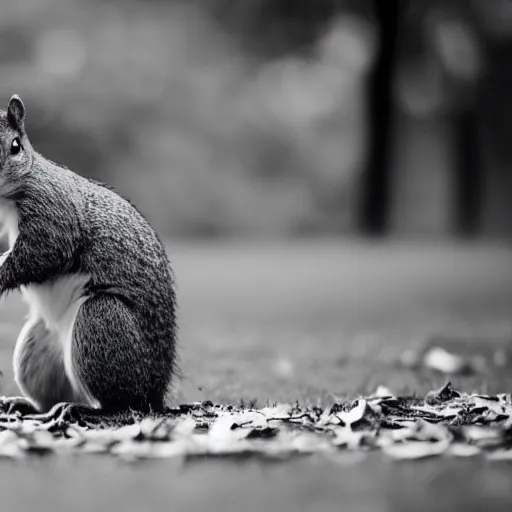 Prompt: photography of a squirrel detective wearing an old grey suit furiously flipping through papers, black and white