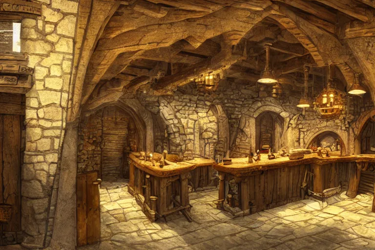 Prompt: A tiny medieval tavern viewed from the inside, texture, intricate, details, highly detailed, masterpiece, architecture, building, trending on artstation, focus, sharp focus, concept art, digital painting, fantasy, sunny, day, midday