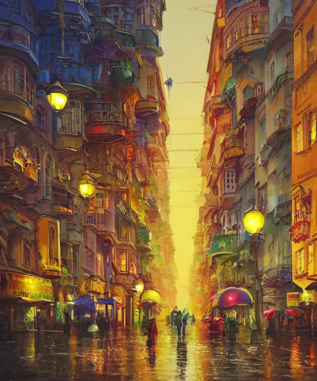 Image similar to insane perspective of colorful street vue from prague, realistic shaded , humid ground, highly detailed, artstation, painting by François Schuiten and moebius, disney fantasy style, people and creatures walking, big red robot waiting, volumetric light, neon lights, science fiction elements, lampposts, rainy mood