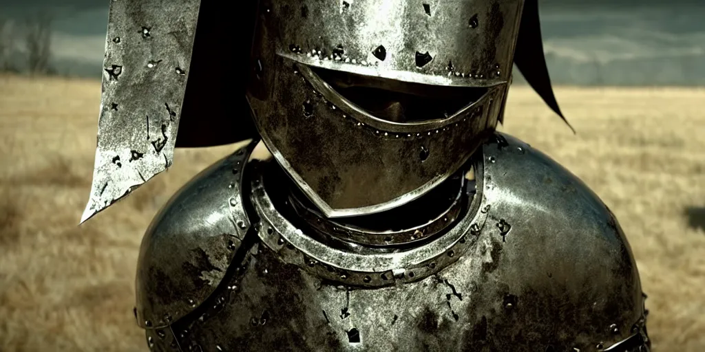 Image similar to film still of closeup the knight in shattered armor holds a bleeding heart by emmanuel lubezki