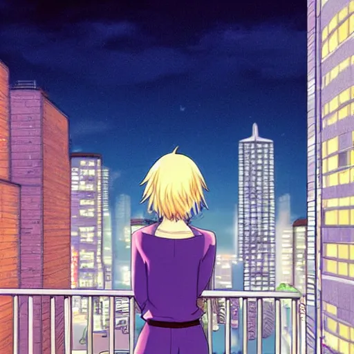 Prompt: a blonde woman stands on her balcony looking out at a city street at night, anime style