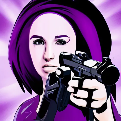 Image similar to poster artwork, sci fi, a female, full body, black hoodie techie, black hair with purple streaks, holding a gun, 8 k