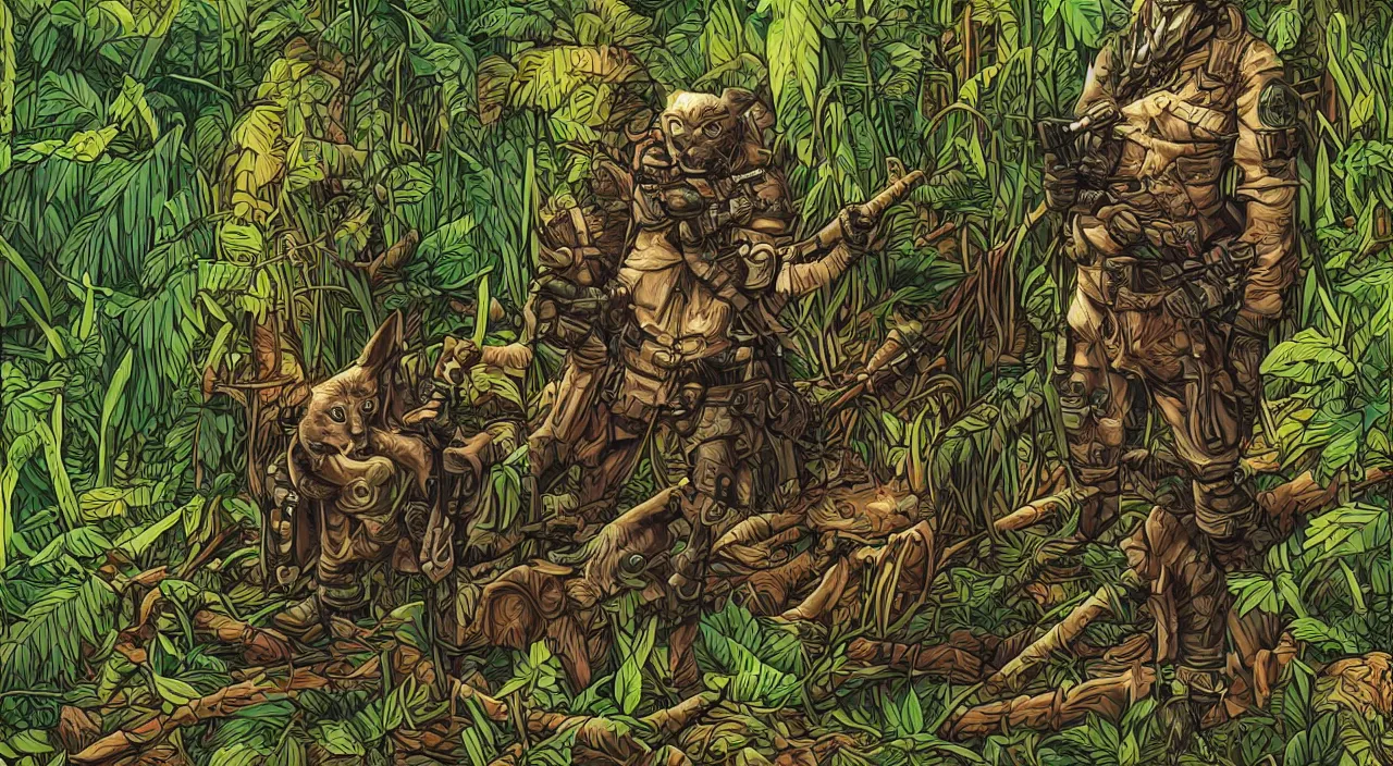 Image similar to a humanoid cat soldier from world war 2 in the jungle, artwork by dan mumford