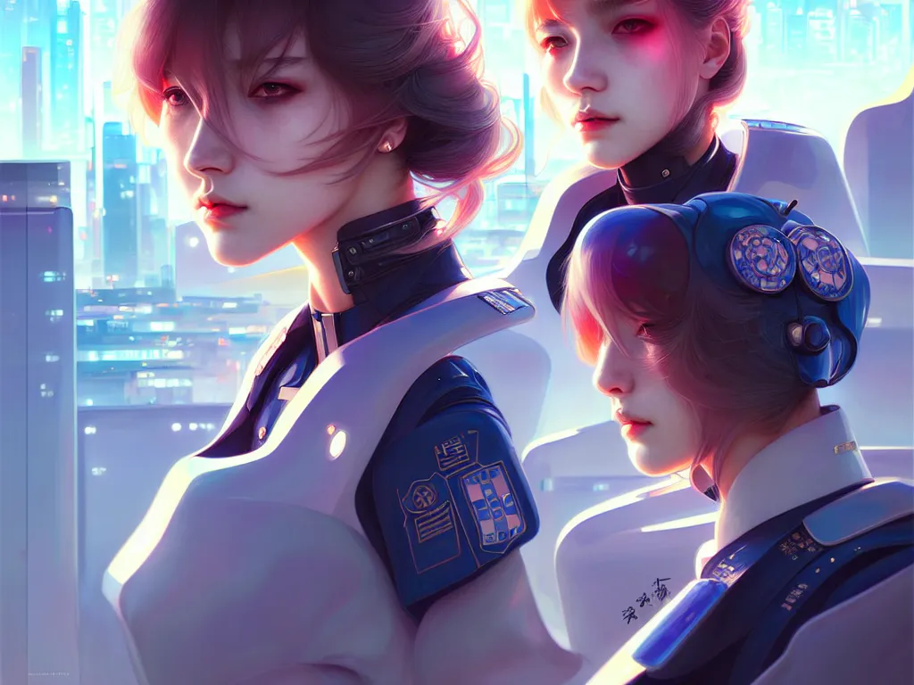 Prompt: portrait futuristic police girl, at future neon light tokyo rooftop, ssci - fi and fantasy, intricate and very very beautiful and elegant, highly detailed, digital painting, artstation, concept art, smooth and sharp focus, illustration, art by tan zi and ayanamikodon and alphonse mucha and wlop