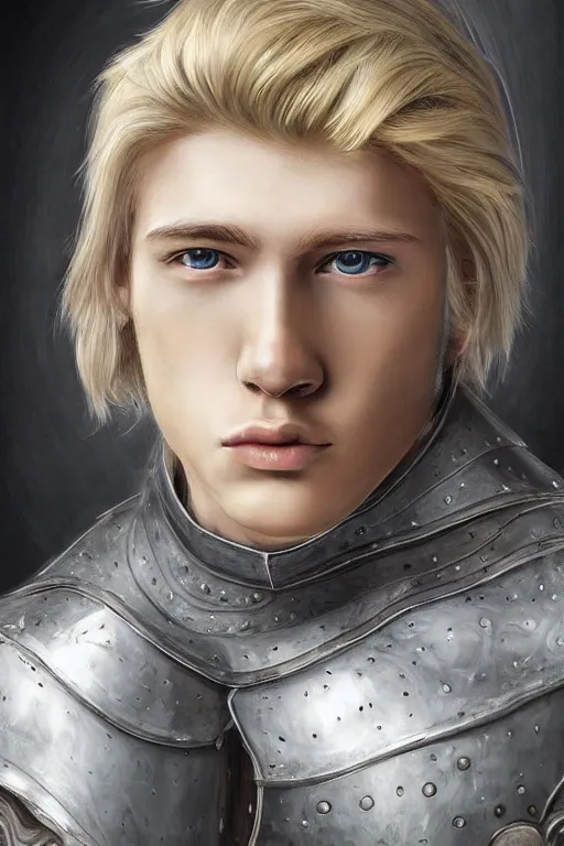 Prompt: a blonde male teenager wearing a silver plate armor, digital painting, digital art, oil painting, masterpiece, realistic and detailed face, profile picture, realistic, highly detailed, high quality, symmetrical, low contrast, trending on deviantart, soft colors, soft lighting, face portrait, beautiful, elegant, anatomically correct, castle in the background, bokeh, dof